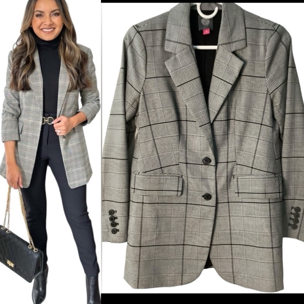 Vince Camuto Womens Glen Gray Plaid Notch-Collar Boyfriend Blazer size 0‎